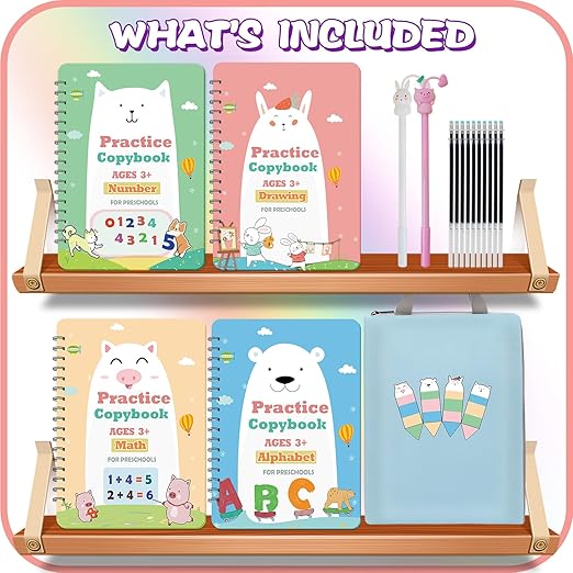 Upgraded Large Size Magic Practice Writing Copybook for Kids, Reusable Copybook Preschool - 4 Books with Pens - Blue Bag