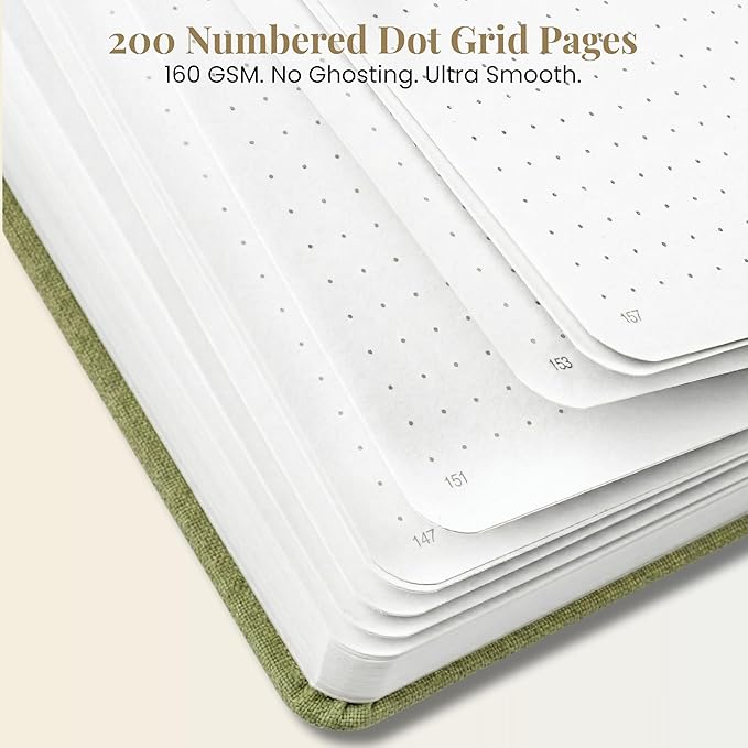 VIVID SCRIBBLES A5 Dotted Notebook with 160gsm Bleed-Proof Paper - Perfect for Bullet Journaling and Creative Planning - 200 Numbered Dot Grid Pages in Sage Green