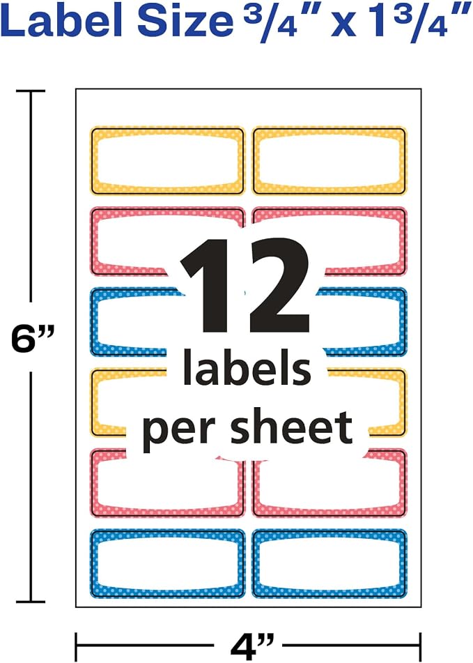Avery® Durable Labels for Kids' Gear, 3/4" x 1-3/4", Assorted Border Colors, Water-Resistant Labels, 60 Total (41442)