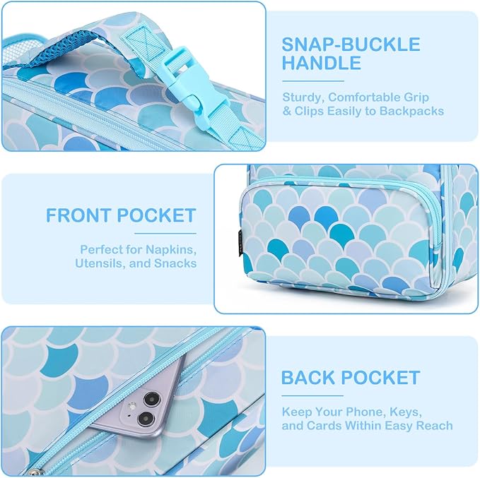 FlowFly Kids Lunch box with buckle Insulated Cooler Back to School Thermal Meal Tote Kit for Girls, Boys (Mermaid)