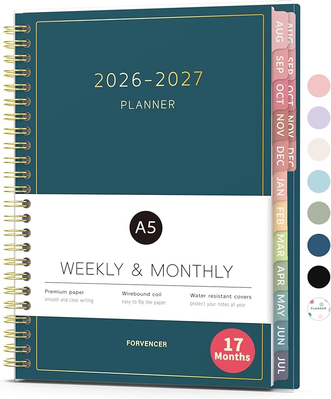 Aug 2026 - Dec 2027 Planner, Forvencer 17 Month Academic Planner 2026-2027, 6.3" x 8.4", Calendar Planner Weekly and Monthly, Daily Agenda Book, School Supplies for Student Teacher, A5, Navy Blue