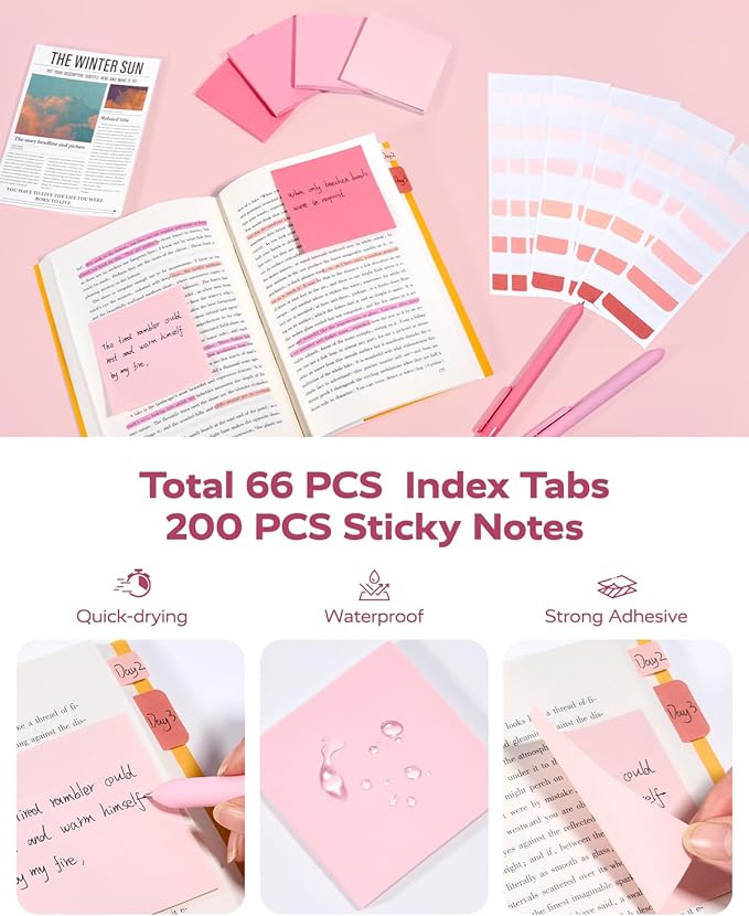 Four Candies Pink School Supplies with Case, Gel Pens with Black Ink, Correction Tapes, Pastel Highlighters, Mechanical Pencils, Sticky Notes, Index Post for Bible Study Stationary College Essentials