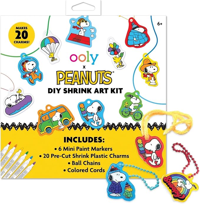 Ooly x Peanuts Snoopy 34 PC DIY Shrinking Art Kit for Kids with Markers, 20 Plastic Pre Cut Charms and More, No Mess Creative Activity Jewelry Making Kit