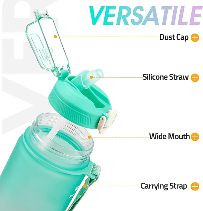 YC Kitchen Motivational Water Bottle with Time Marker- 32oz Water Bottles with Times to Drink, Leakproof & BPA Free Sports Water Bottle with Straw & Carry Strap for Fitness, Gym, and Outdoor Sports