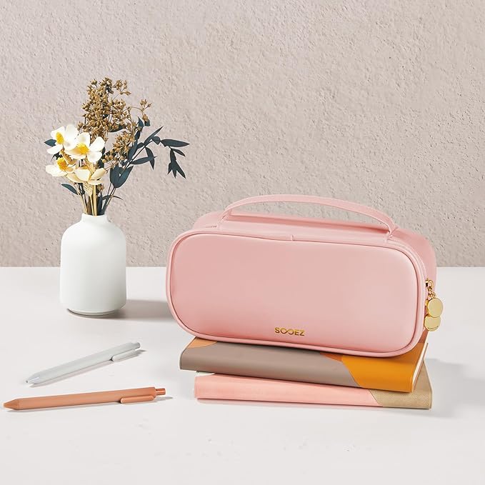 Sooez PU Pencil Case, High Capacity Pencil Bag, Aesthetic Pen Pouch with zipper, 3 Compartment Pen Bag Wide Opening, Portable Stationery Storage and Organizer, School Supplies for Teen, Pink
