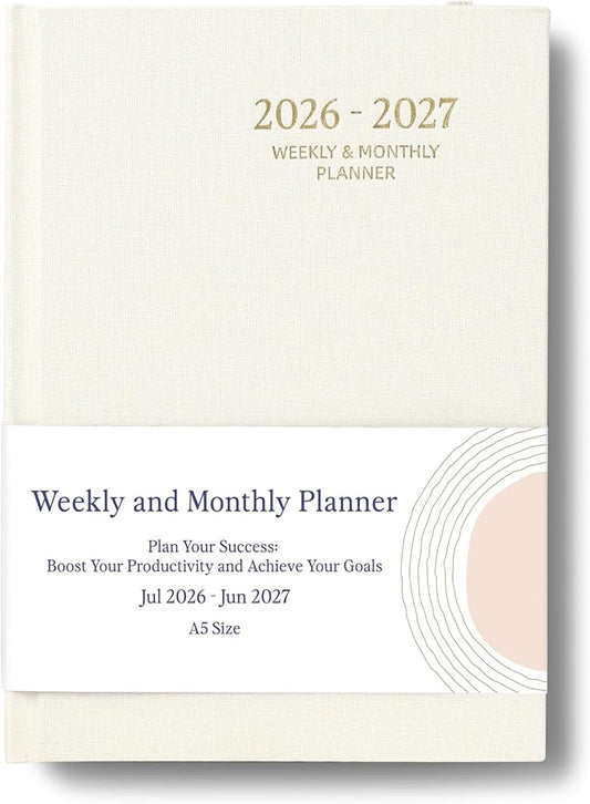 2026-2027 Planner - Weekly and Monthly Planner, July 2026 - June 2027, Linen Hardcover, 2026-2027 Calendar Planner Book with Tabs, Aesthetic, Perfect for Office Home School Supplies (Beige, A5 (Jul 2026-Jun 2027))