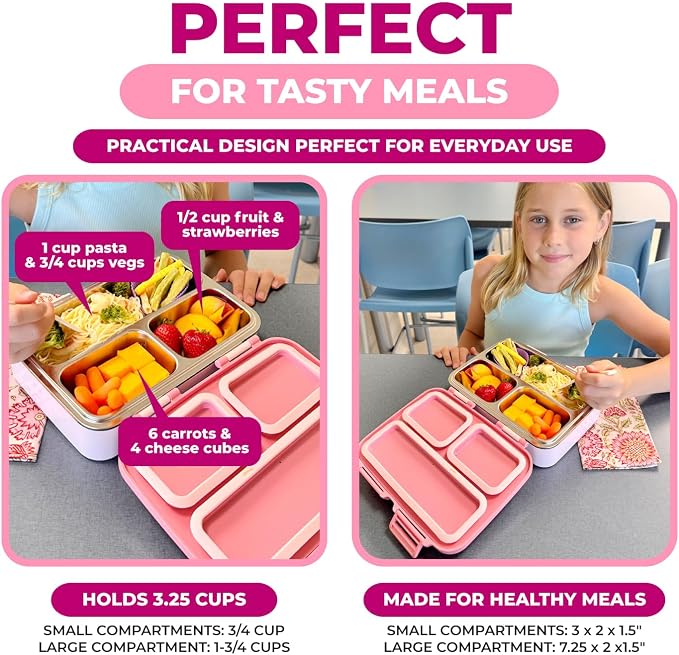 kinsho Stainless Steel Bento Box Lunch Container for Kids Adults, Pink | Heavy Duty, Leakproof Silicone Seals, Eco Metal Removable Tray, Easy-Clean Design, for School or Work Meals, 26 Oz/790 mL
