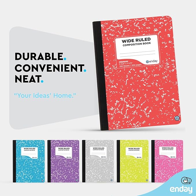 Enday Composition Notebooks Wide Ruled Paper, Colored Marble Composition Notebook Covers, 100 Sheets (200 pages) Composition Books, Marble Notebooks Wide Ruled For School, Red And Grey, 2 Pack
