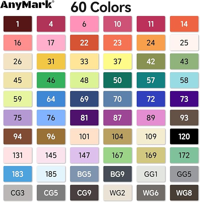 AnyMark Alcohol Markers, 60 Colors Dual Tip Art Coloring Markers Set for Adult Book Drawing Sketching Painting, Chisel & Fine, White Penholder