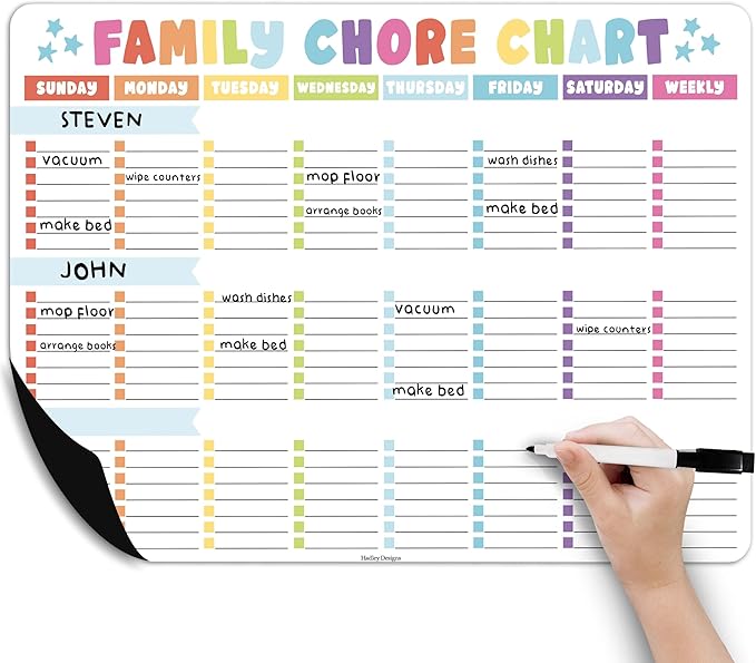 Hadley Designs Magnetic Chore Chart for Kids Multiple - Chores Board for Refrigerator, Dry Erase Task Chart for 2 Kids Daily Behavior, Family Weekly Planner for Teen and Adults, Stars Chore Board