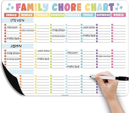 Hadley Designs Magnetic Chore Chart for Kids Multiple - Chores Board for Refrigerator, Dry Erase Task Chart for 2 Kids Daily Behavior, Family Weekly Planner for Teen and Adults, Stars Chore Board