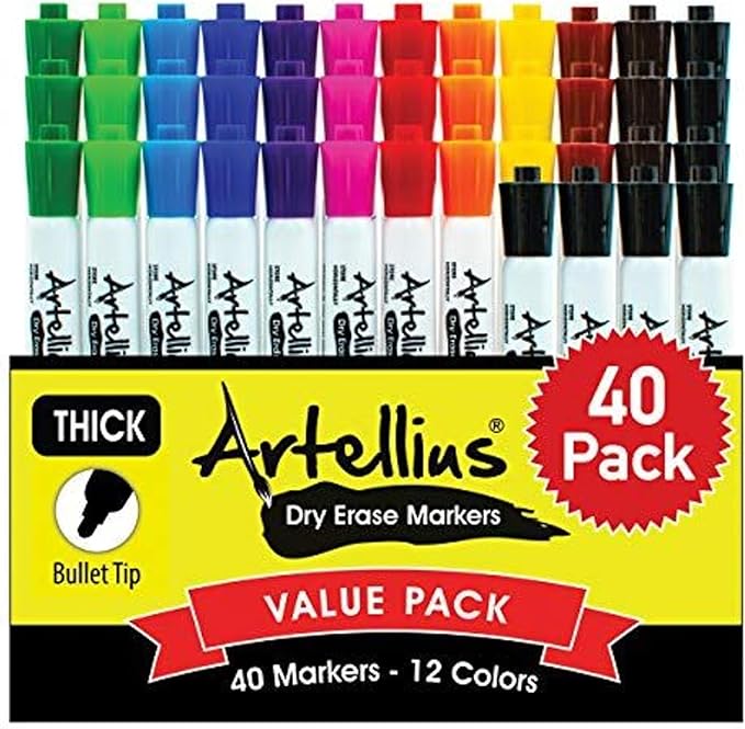 Artellius Dry Erase Markers - Low Odor Ink & Whiteboard Markers - Washable Dry Erase Pens for Kids & Teacher Supplies - School Supply Bulk & Classroom Must Haves - Pack of 40, Assorted Colors