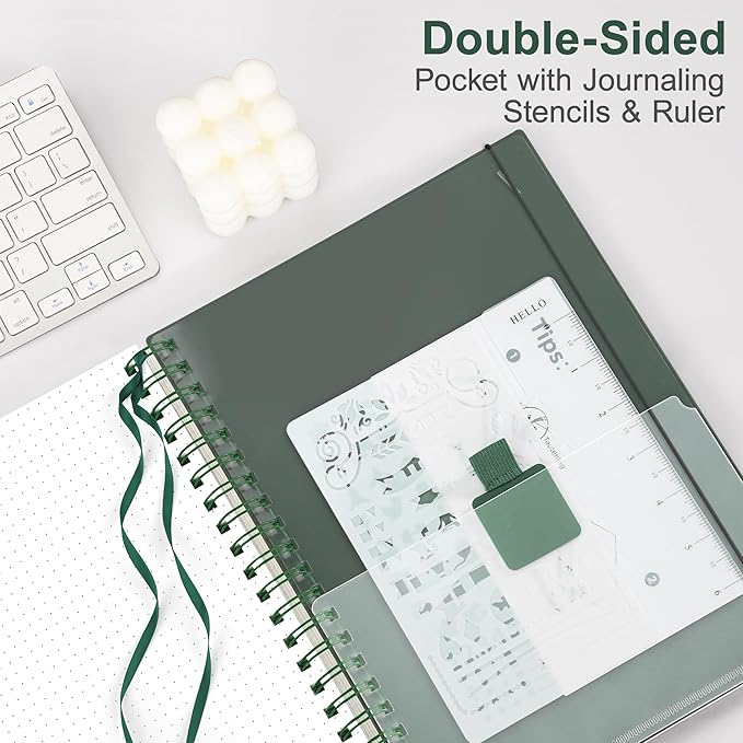 RETTACY Dotted Journal Notebook, 300 Pages, A4 Large Size (8.2'' × 11.2''), 100 GSM Thick Paper, Flexible Plastic Cover, Spiral-bound, for Journaling, Planning, Tracking (Deep Green)