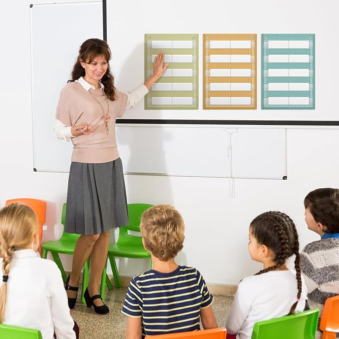 Gueevin 6 Set Magnetic Pocket Chart with 5 Clear Pockets and 30 Dry Erase Cards Painted Classroom Schedule Pocket Chart for Whiteboard Class Demonstrations(Vintage Color,Stripes Pattern)