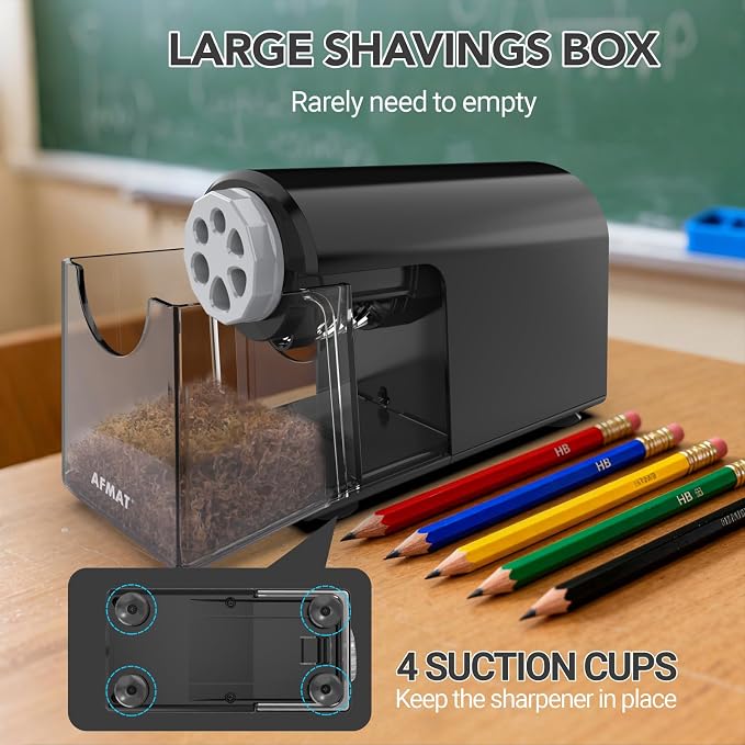 AFMAT Electric Pencil Sharpener for Classroom, 6 Holes, Cordless & Rechargeable, Fast Sharpen, Auto Stop, 10K+ Uses, Heavy Duty Pencil Sharpener for 6-11mm No.2/Large/Colored Pencils PSD2(Black)