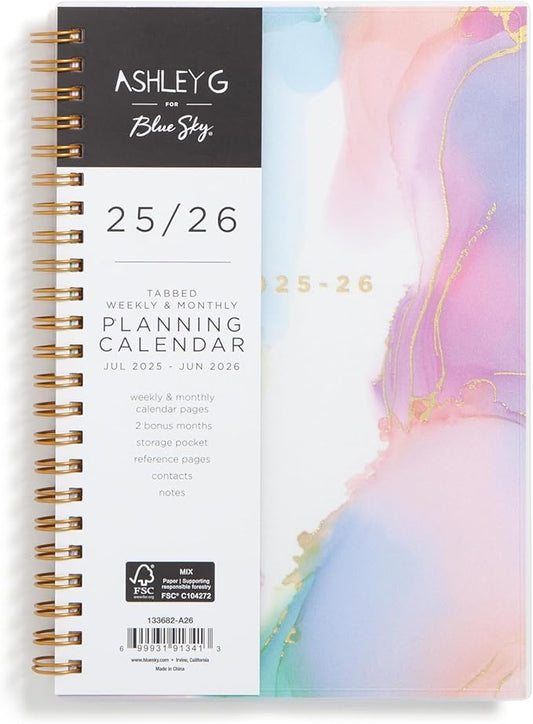 Blue Sky Ashley G 2025-2026 Weekly and Monthly Academic Year Planner Calendar, July 2025 - June 2026, 5" x 8", Flexible Cover, Wirebound, Laminated Tabs, Multi Color Smoke
