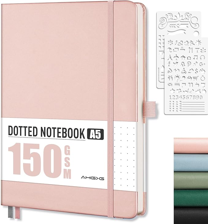 AHGXG Dotted Journal - 150 GSM Dot Grid Notebook Journal, Thick Acid-Free Paper, A5 Dotted Notebook 128 Pages, Leather Hardcover, Inner Pocket, Journal Stencil, 5.7'' × 8.3''