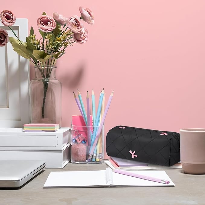 Sherr Black Coquette Bow Pencil Case Pink Bow Cute Pencil Pouch Soft Cotton Storage Bag Aesthetic Pattern Gift Makeup Pouch Cosmetic Travel Bag for Women