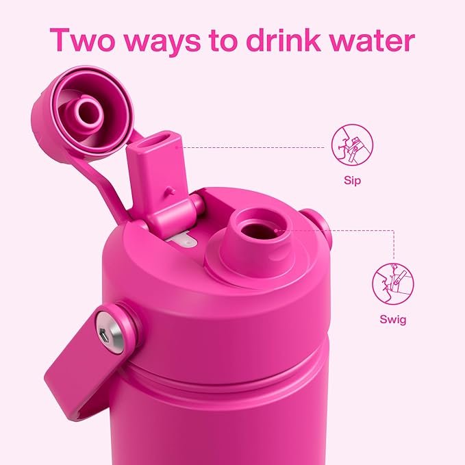 Kids Insulated Water Bottle with Straw - 12oz Stainless Steel Water Bottle with Dual Spouts, Leak-Proof, BPA-Free, Double Wall Vacuum Keeps Cold for 24 Hours for Sports, Travel, School (Persian Rose)