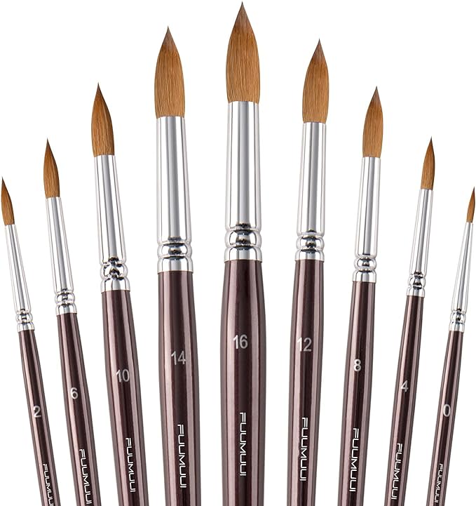 Sable Watercolor Brushes 9pcs Professional Superior Kolinsky Watercolor Paint Brushes for Artists Round Pointed Oval Wash for Watercolor Acrylics Gouache Inks Painting