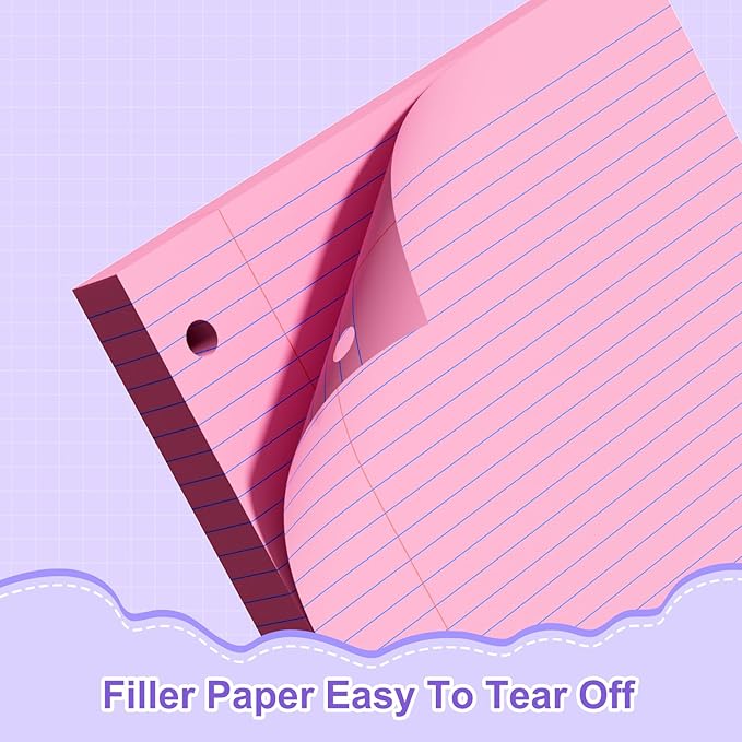 Loose Leaf Paper, 8x10.5 College Ruled, Notebook Paper for 3 Ring Binders, Pink Binder Notebook, 3 Hole Punch Paper, 100 Sheets/pack, 1 Pack