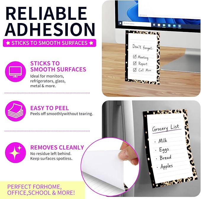 Lined Sticky Notes 4x6 in, 2 Pack Large Cute Notepads with Lines Self-Stick Note Pad, Funny Memo Pads Strong Adhesive for Office, Home Luxury Leopard