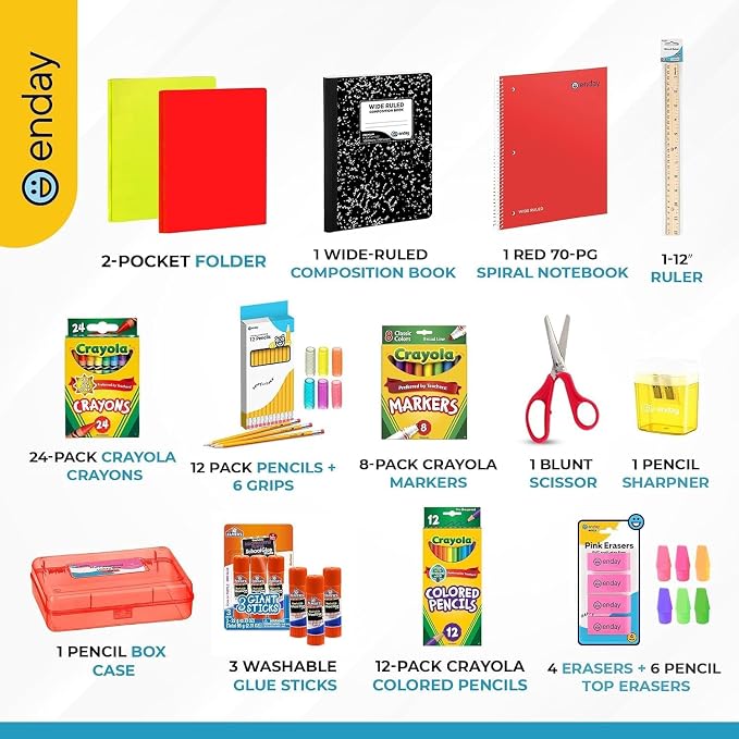 Enday Back to School Supplies Kit - Grades K-5, 83 Piece Back to School Supplies Kit, Kindergarten School Supplies Kids for Girls & Boys (100 Kits)
