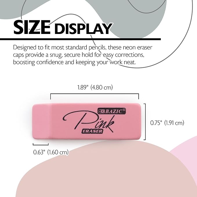 BAZIC Products Pink Eraser, Latex Free Bevel Block Erasers, Large Size for Classroom, Office, and Art Use, Smooth Pencil Correction for Writing, Sketching, & Daily Tasks, Total 24-Count