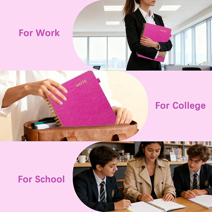 Hardcover Spiral Notebooks for Work 8''x 10'', 300 Pages 5 Subject Notebook with Dividers & Tabs, B5 Spiral Journal for Women, College Ruled Notebooks for School Note-Taking (Rose Purple)