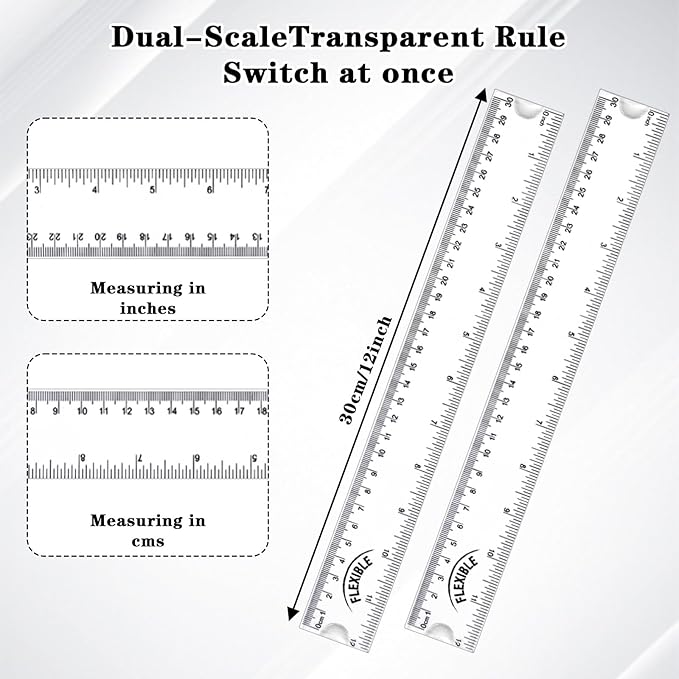 Grevosea 2 PCS Flexible Ruler, 12 Inch Clear Plastic Ruler Soft Bendable Rulers with Centimeters and Inches for Kids and Adults School Classroom Office Supplies