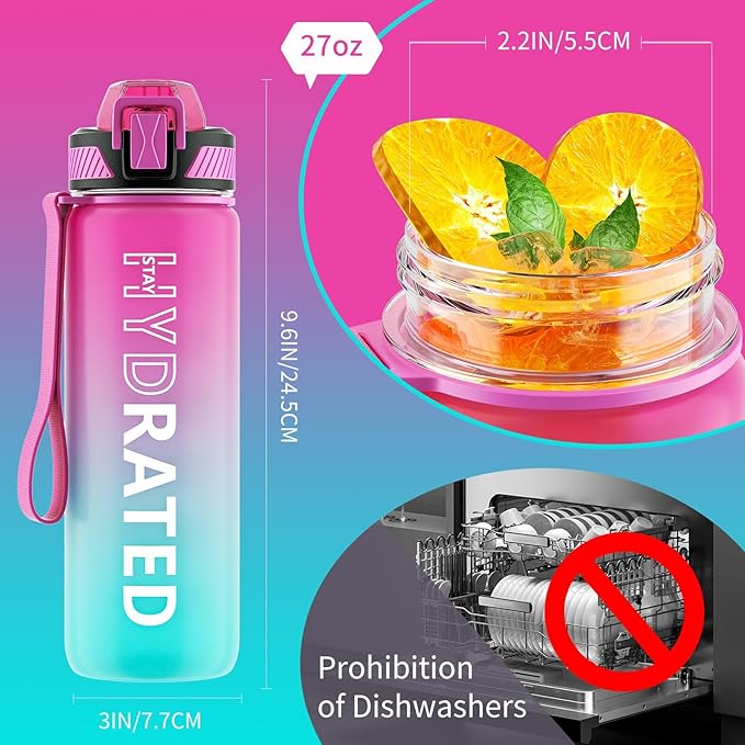 QLUR Water Bottle with Straw, 27oz Motivational Water Bottles with Time Marker to Drink, Tritan BPA Free, 750ml Sports Water Bottle with Carry Strap LeakProof for School Fitness Outdoor (1Pack)