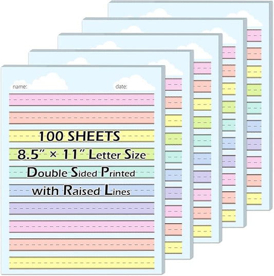 100 Sheets Multi-Color Raised Line Paper for Handwriting Practice, Wide Ruled Kindergarten Writing Paper, Double Sided, 8.5x11 inches, Educational Style