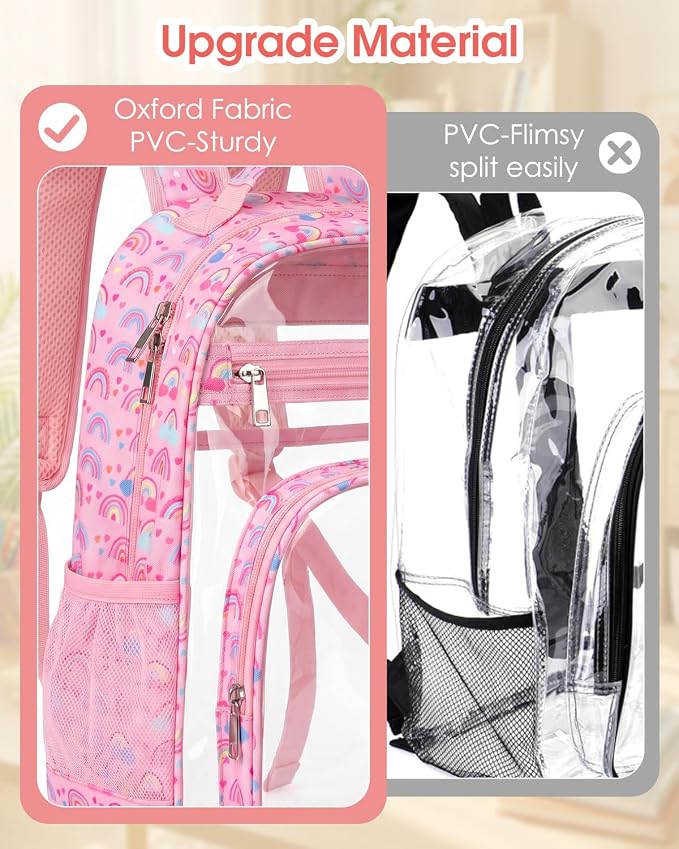 Soimeat Clear Backpack for Girls - Kids Clear Bookbag - Fabric & PVC Transparent Backpacks for Elementary School, Pink Rainbow