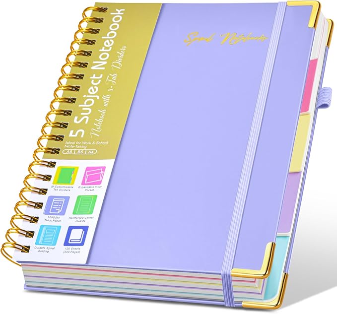 Hardcover Spiral Notebooks for Work, 5 Subject Notebook College Ruled with Dividers Tabs, Lined Organizer Notebook Journal for women, 8"x10" Large B5 Notebooks for School Note taking, 240 Pages Purple