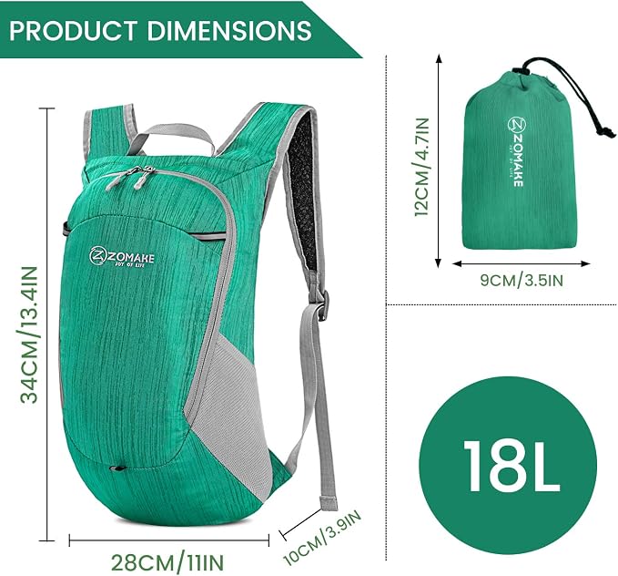 ZOMAKE Lightweight Packable Backpack, 18L Small Foldable Daypack for Hiking | Water Resistant Collapsible Backpacks for Women Men, Everyday Carry, Multi Compartment Storage, Adjustable Strap(Dark Green)