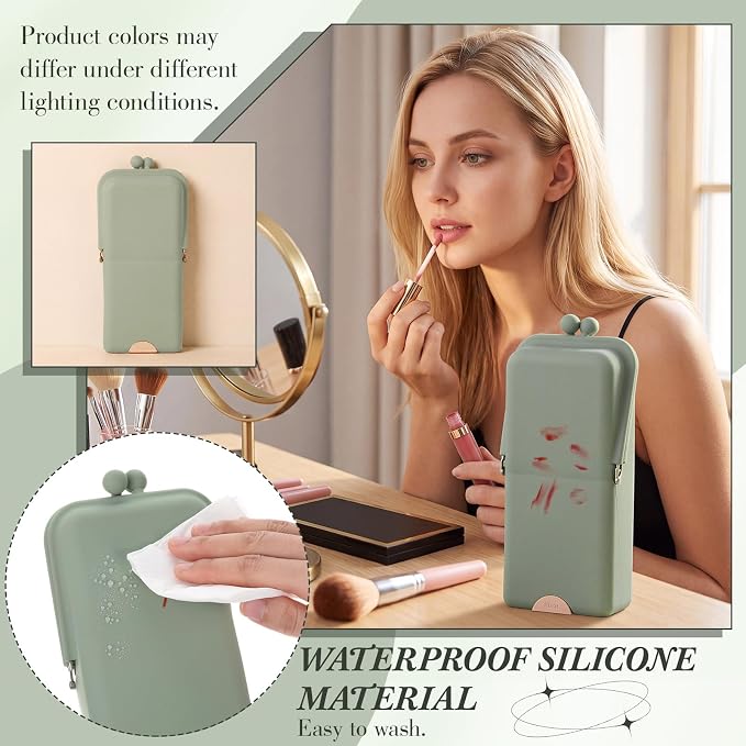 Kacctyen Makeup Brush Case Silicone Standing Makeup Brush Holder,Sage Green | Silicone Make up Travel Bag with Suction Portable Cosmetic Organizer Phone Stand Pouch for Travel Home Back to School Use