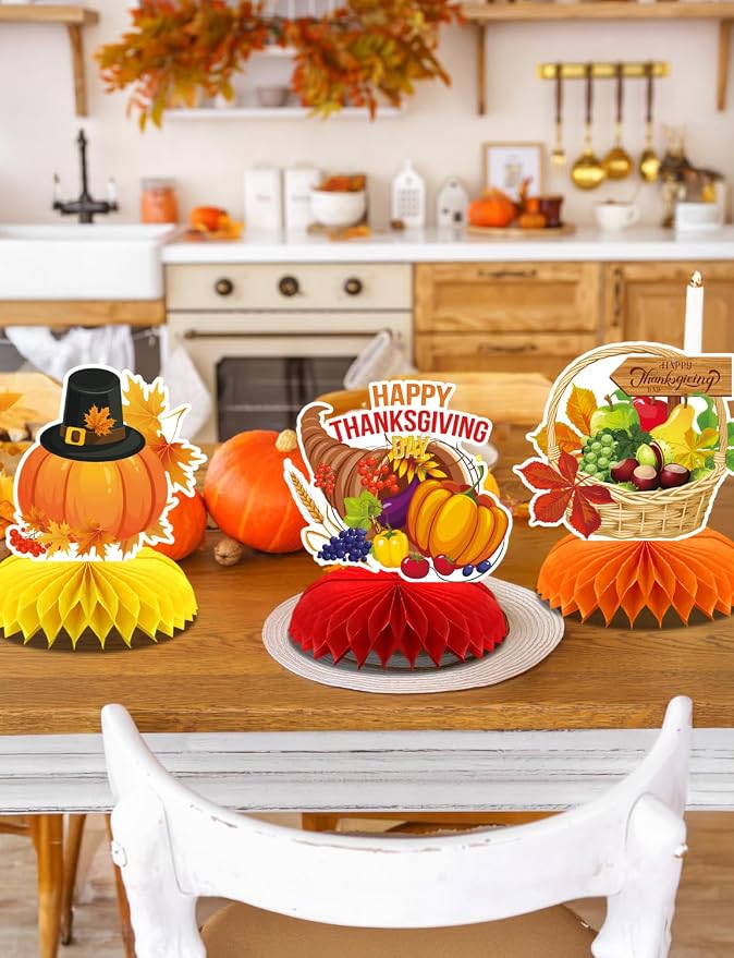 Thanksgiving Table Decorations - 9Pcs Fall Table Decorations 3D Fall Centerpieces for Tables, Turkey Pumpkin Honeycomb Centerpieces Autumn Table Topper for Autumn Thanksgiving Party Supplies