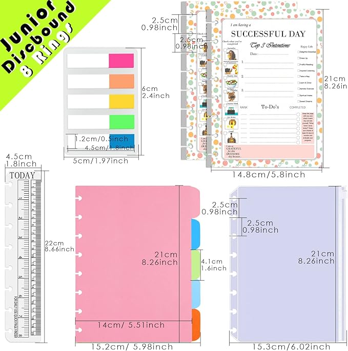 Rancco Discbound Junior Daily Planner Refills, 180 Pages 8 Disc Punched Half Letter Paper Inserts w/Index Tabs, Binder Dividers, Loose-Leaf Bag, Ruler For Circa, Arc, TUL, Happy Planner, 5.5x8.5"