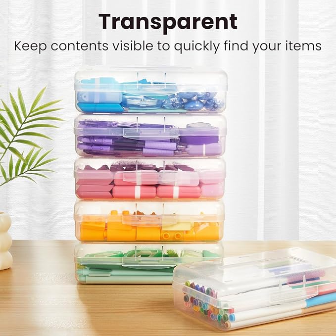 Sooez 6 Pack Pencil Box, Hard Pencil Boxes for School Supplies Bulk, Large Plastic Pencil Case with Lid, Clear Pencil Container, Stackable School Boxes Crayon Boxes Bulk for Kids