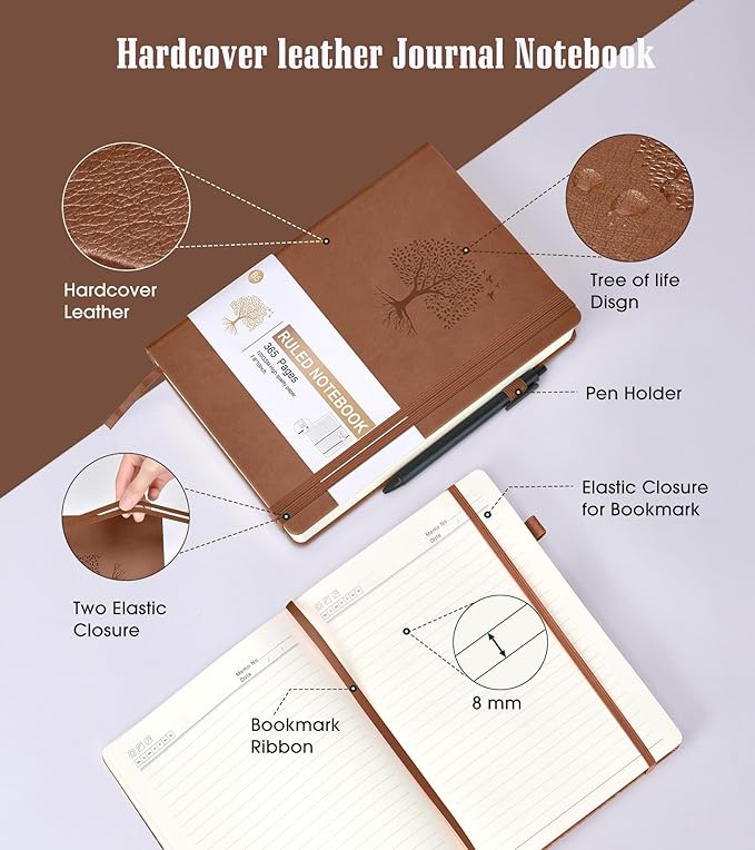 Lined Journal Notebook -365 Pages B5 Large Journal for Writing Men Women, College Ruled Notebook, Hardcover Leather Journal, Daily Notebook for Work, Note Taking, 100Gsm Paper ( 7.6'' X 10'' Brown)