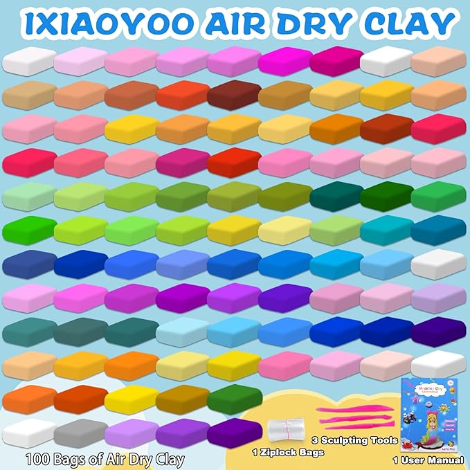 Ixiaoyoo Air Dry Clay, 100 Colors Modeling Clay for Kids, Safe & Non-Toxic, DIY Model Art & Crafts Toys with Sculpting Tools, Home Party Favors, Birthday Toys Gift for Ages 3-12 Boys & Girls
