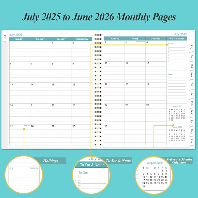 2026-2027 Planner - Planner 2026-2027 from July 2026 - June 2027 with 12 Monthly Tabs, Flexible Cover, Inner Pocket, 8.5" x 11", Teal Flowers