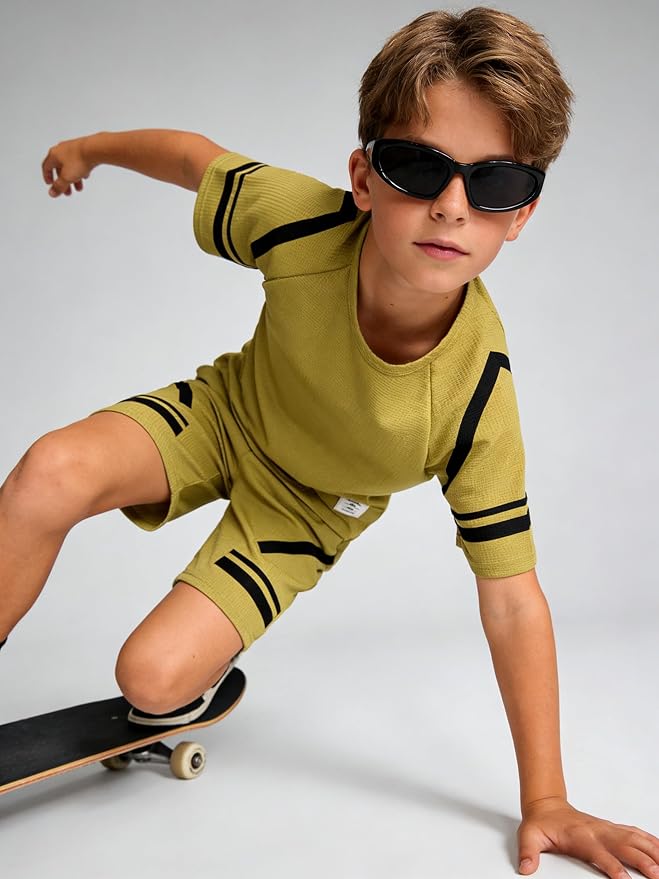 Cakaner Tween Boys Clothes Summer Simple Print T-Shirt And Shorts Set 2 Pieces Teen Trendy Outfits Size 7-14 Year