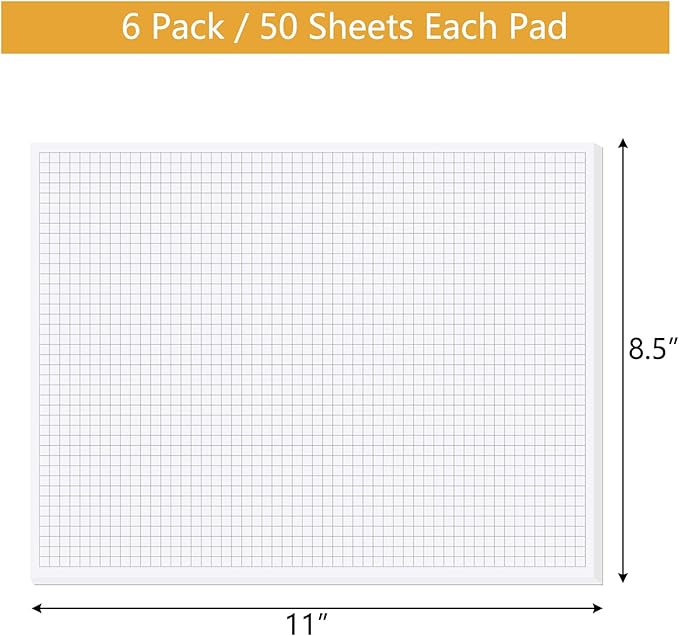 zmybcpack 6 Pack 8.5"X11" Graph Paper Pads, Grid Writing Pads, Memo ScratchPads for Drawing, Engineering, Drafting (Each Pad 50 Sheets, Double Side Printed)