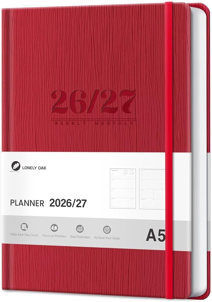 Lonely Oak Academic Planner 2026-2027, A5 Daily Weekly and Monthly Planner 5.75" x 8.4", 13 Months Faux Leather School Year Agenda from Jul.2026 to Jul.2027 for Student and Teacher (Red)
