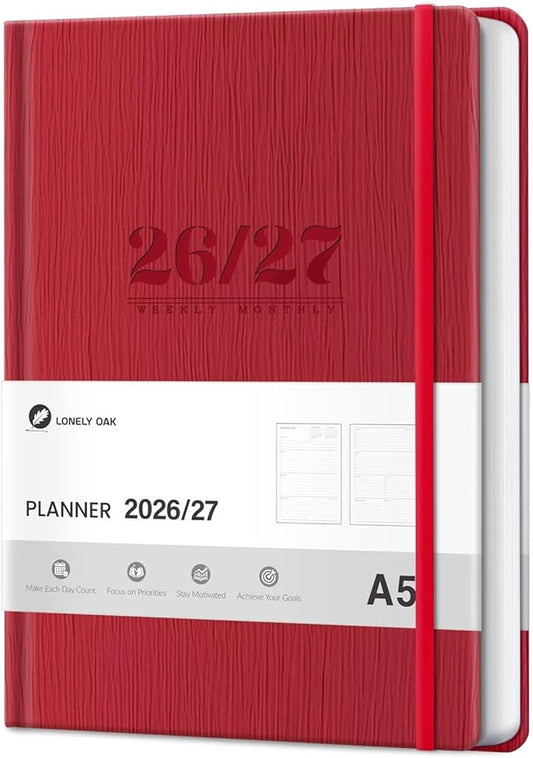 Lonely Oak Academic Planner 2026-2027, A5 Daily Weekly and Monthly Planner 5.75" x 8.4", 13 Months Faux Leather School Year Agenda from Jul.2026 to Jul.2027 for Student and Teacher (Red)