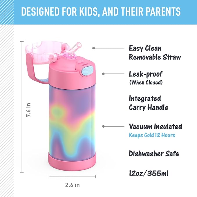 THERMOS FUNTAINER Water Bottle with Straw - 12 Ounce - Kids Stainless Steel Vacuum Insulated Water Bottle with Lid, Rainbow Cloud