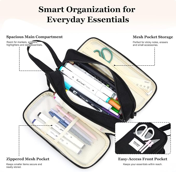 Pencil Case Pouch, Large Capacity Pencil Box Bag, Aesthetic Pen Organizer for School Supplies, Cute Preppy Stuff for Girls Boys Kids, Back to College Stationery, Black
