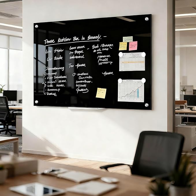 Black Dry Erase Board, 36" x 24" (3' x 2') Magnetic Large Black Glass Board Frameless Wall Mounted Glass Whiteboard for Office, School & Home with 1 Acrylic Pen Tray & 6 Strong Magnets