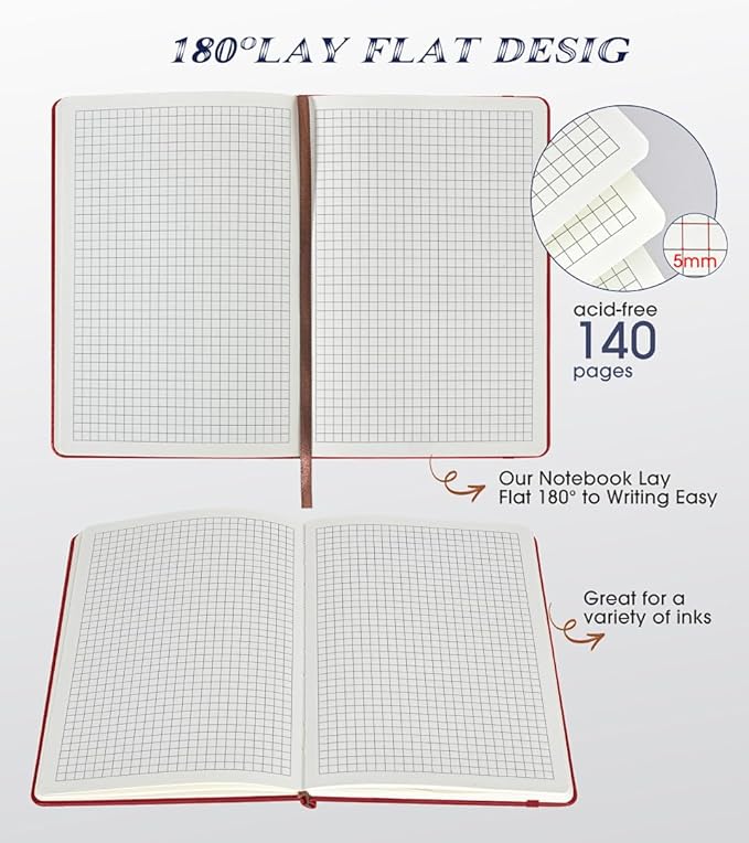 Biuwory Graph Paper Notebook Journal for Women Men,140 Pages Hardcover Grid Notebooks for Work & School,Leather Journals for Writing, Graphing Paper Notebook 5.7"×8.3" (Winered)